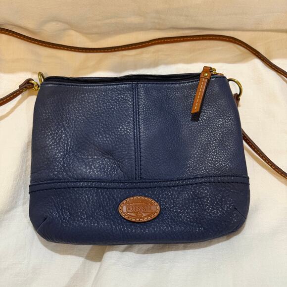 Fossil Blue Pebbled Leather Crossbody Bag Brown Trim Vintage Style - Picture 11 of 15